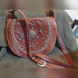 American West Brown Leather Embossed Shoulder Bag